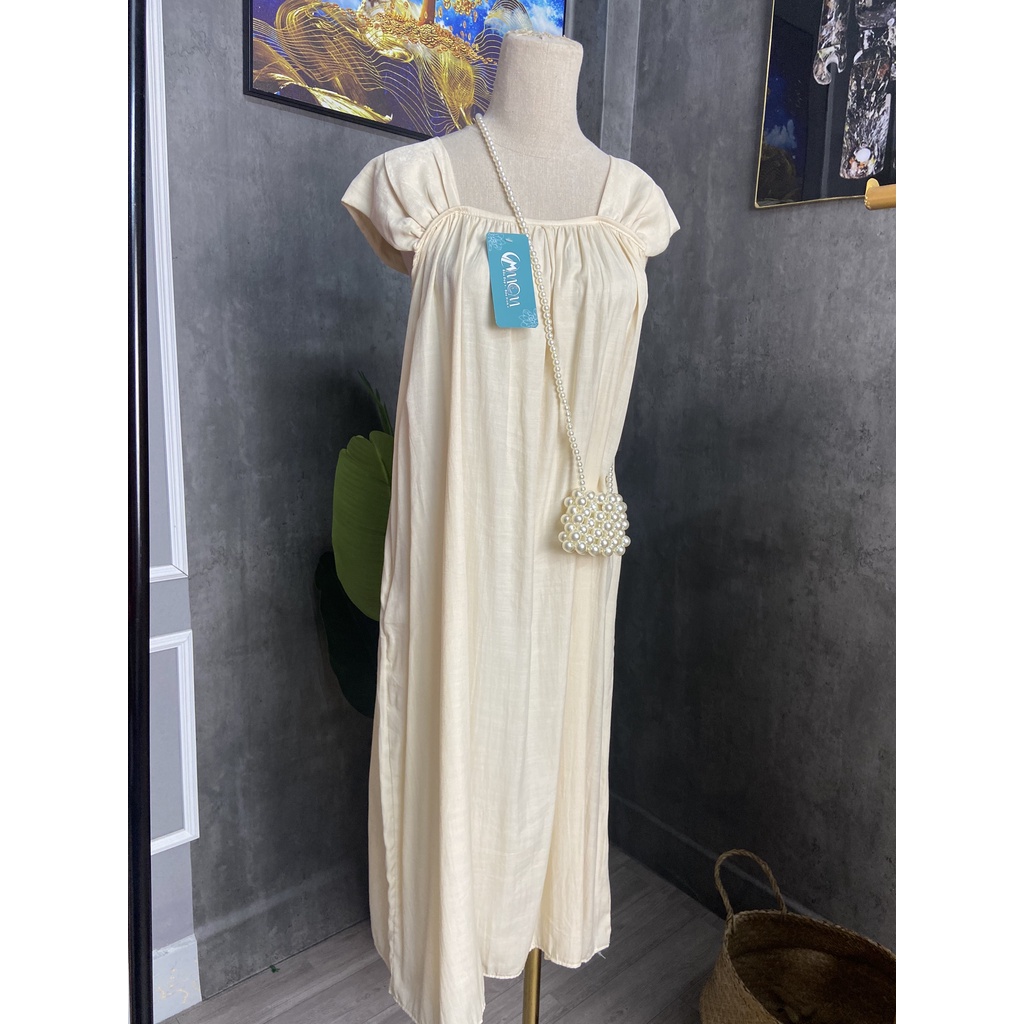 Váy hai dây bản to tay hến vải đũi thấm hút mồ hôi dáng dài maxi 3 màu tôn da, đầm suông tay hến dáng dài