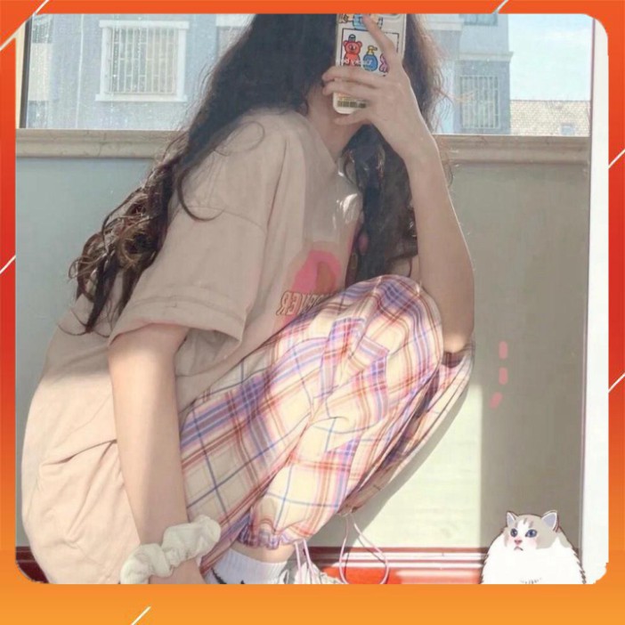 NAAAAA Bộ Áo Phông Trái Tim Quần Culottes Kẻ , Áo Thun Hồng Kèm Quần Dài Caro X31 ANNNNNN