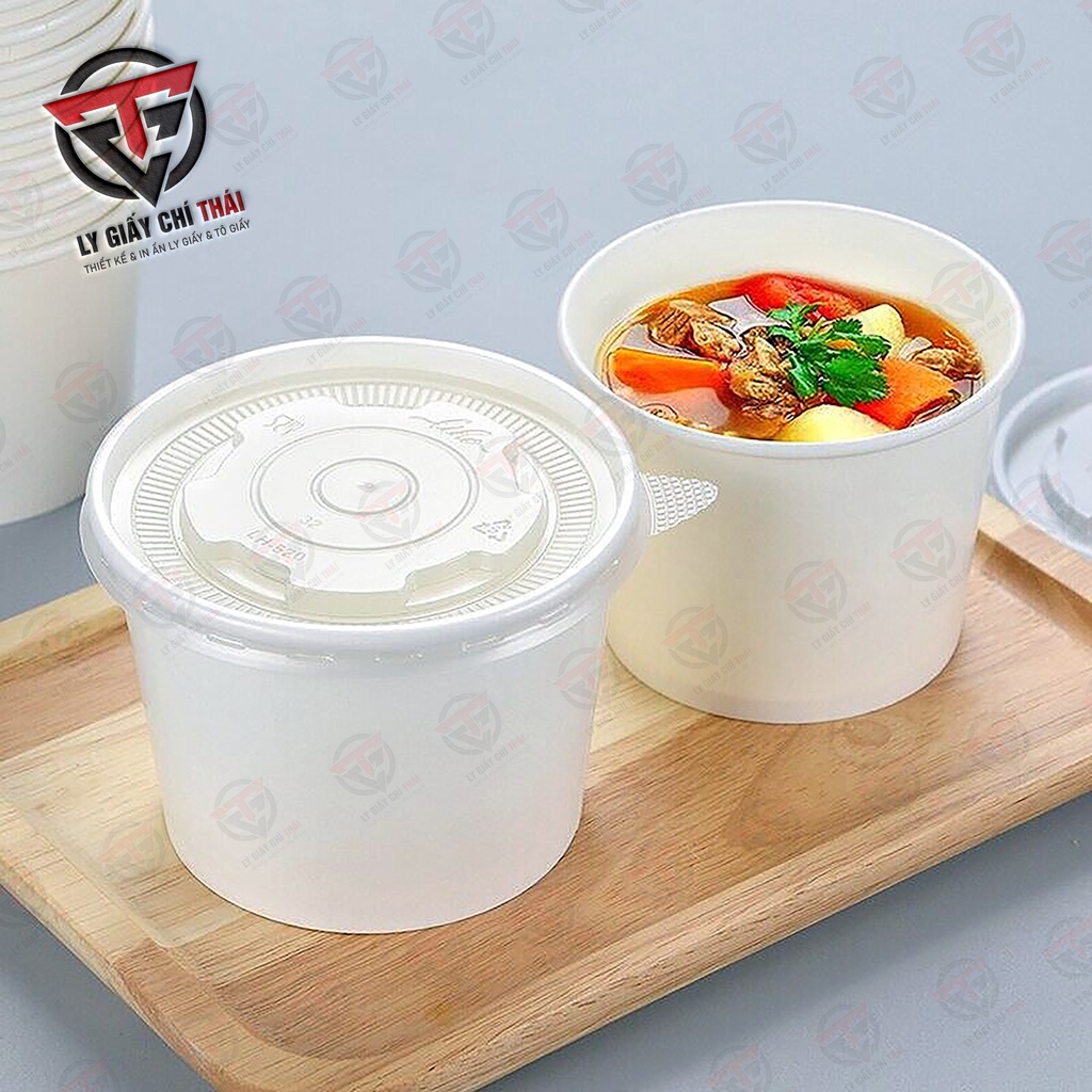 Set 50c Tô Giấy, Cốc Giấy 20oz 600ml KÈM NẮP PP DÀY, chuyên đựng đồ ăn, cháo, soup, canh, hủ tiếu, bún v.v..