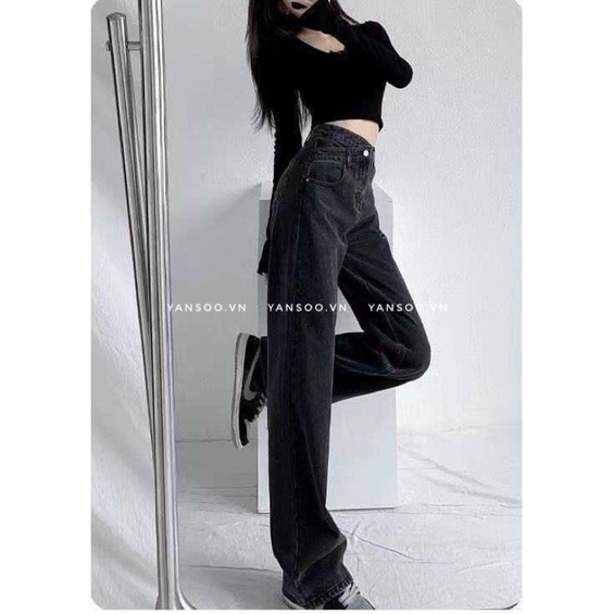 Quần jean ống rộng nữ cạp lệch siêu hách dáng màu khói đen (HOT) chiều dài chùm mắt cá chân by YANSOO