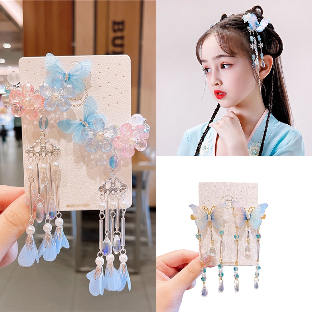 1 Cặp Trâm Cài Tóc Tua Rua Hình Bướm Phong Cách Cổ Điển Cho Bé Gái