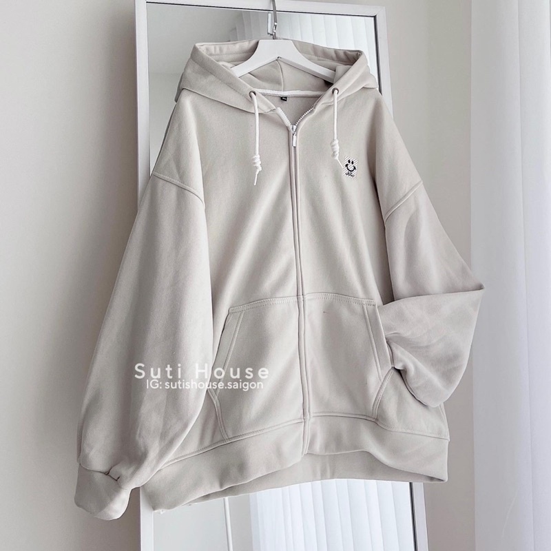 [ẢNH THẬT-CÓ SẴN] Áo Hoodie Zip Thêu icon Unisex Màu Tan Ghi và Tan Be Tay Bồng Form Rộng - Suti House | BigBuy360 - bigbuy360.vn