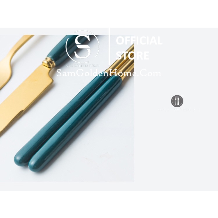 Dao Muỗng Đĩa Đũa Bộ Dụng Cụ Ăn Sang Trọng Inox 304 Ăn Cơm Cafe Tráng Miệng Xanh Lục Mạ Vàng Gold Xanh Cổ Vịt Bắc Âu