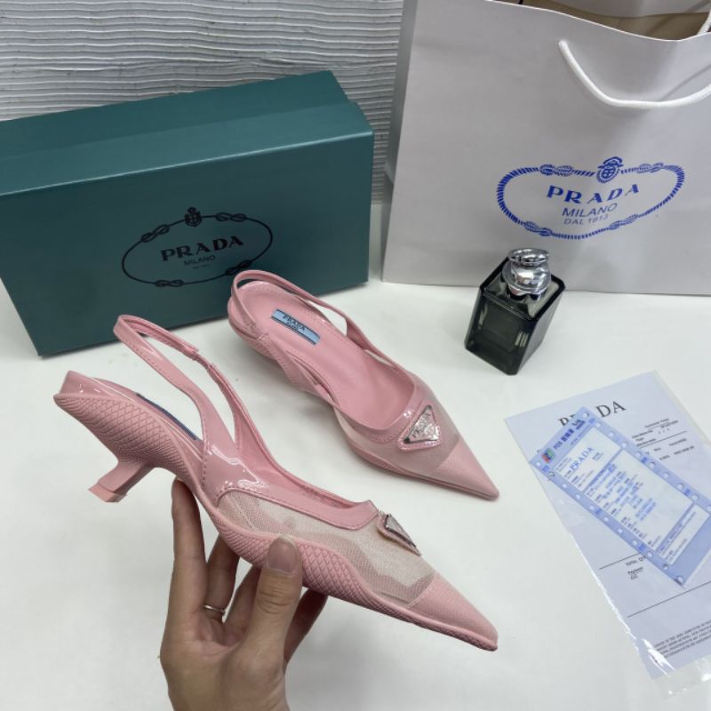 X Sandal Prada Pha Lưới 3p Gót Nhú Da Mềm Fullbox Bill Túi Hãng Cao Cấp