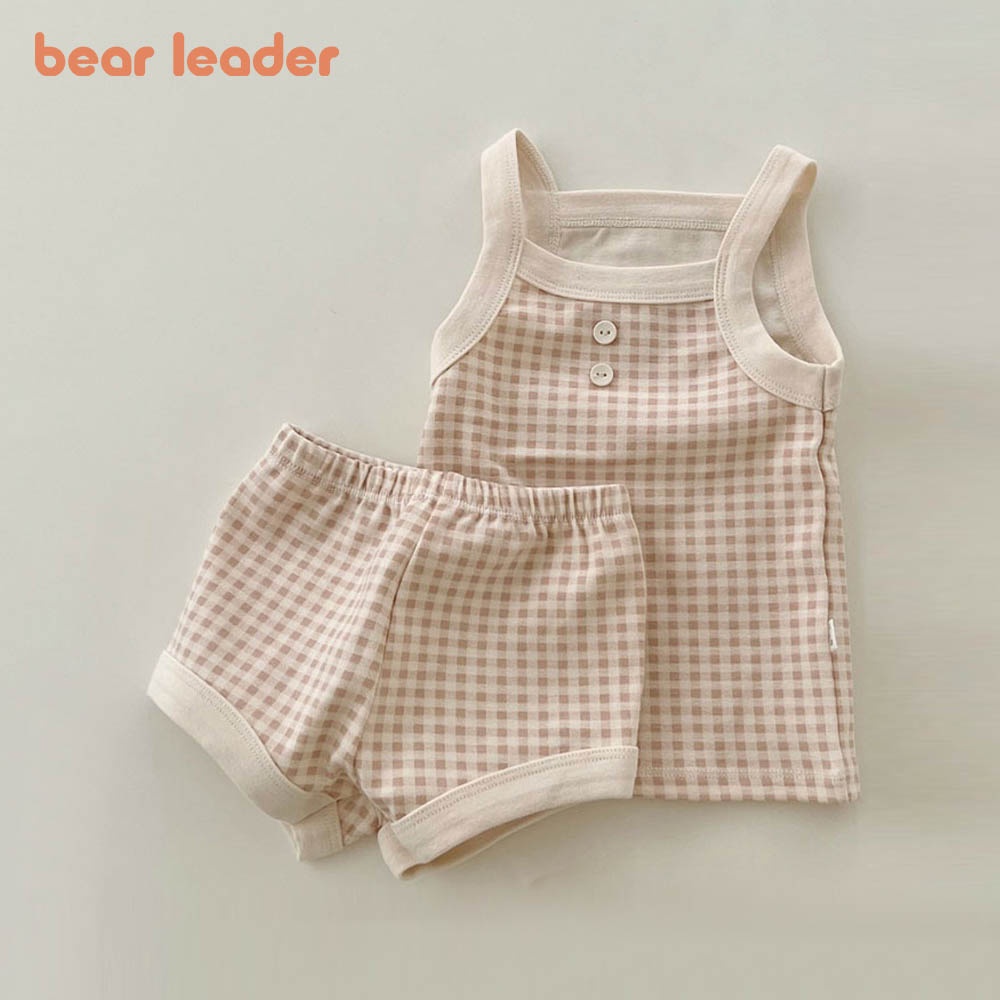 BEAR LEADER Bộ Áo Sơ Mi Không Tay + Quần Đùi Họa Tiết Caro Thời Trang Mùa Hè Cho Bé Sơ Sinh