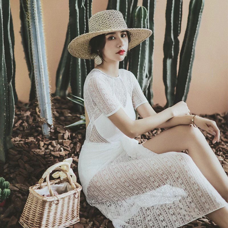 Bikini, Đồ bơi nữ set bơi liền kèm khăn choàng ren che bụng kín đáo quảng châu cao cấp sang trọng phong cách hàn quốc