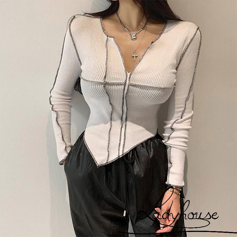 Áo Thun Tay Dài Cổ Chữ V Màu Trơn Thời Trang Dành Cho Nữ