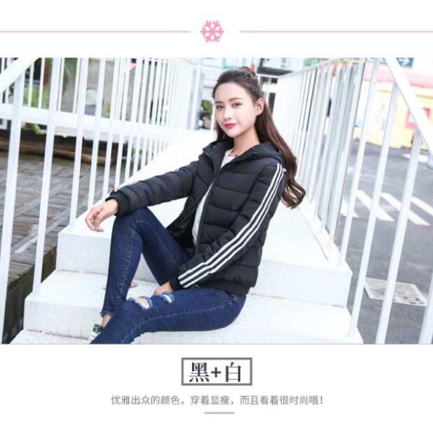 Xưởng gia công áo cao cấp  Áo phao nữ sọc ngang có nón hình thật up ở cuối Áo khoác đẹp