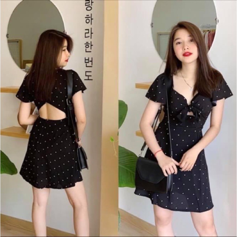 Đầm kiểu ngắn nữ xoè chấm bi tay ngắn cột nơ ngực hở lưng - Order taobao quảng châu