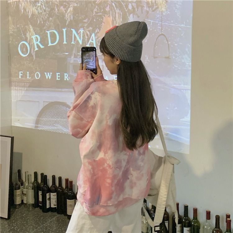 Áo hoodie dài tay dáng rộng màu nhuộm phong cách Hàn Quốc thiết kế mới