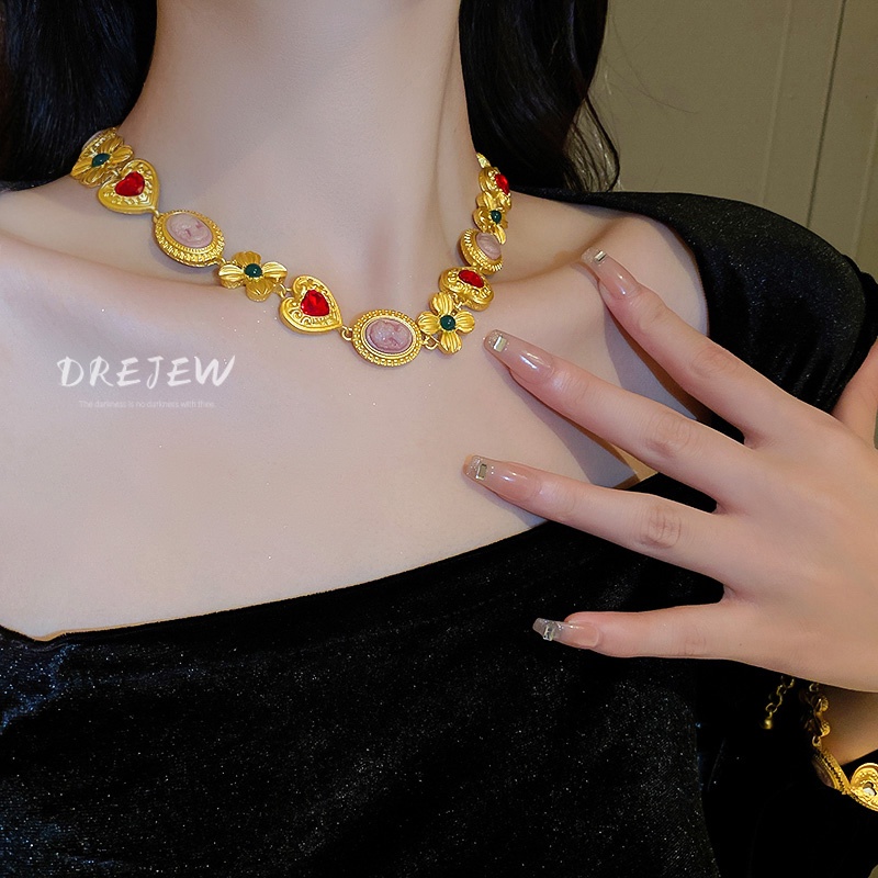DREJEW Vòng Cổ Chân Dung Hoa Kim Cương Trái Tim Phong Cách Cung Điện Cổ Điển Phong Cách Mới
