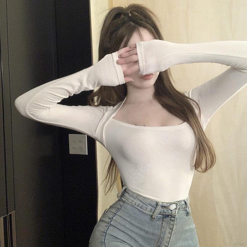 Áo kiểu tay dài cổ vuông màu sắc thanh lịch thời trang dành cho nữ