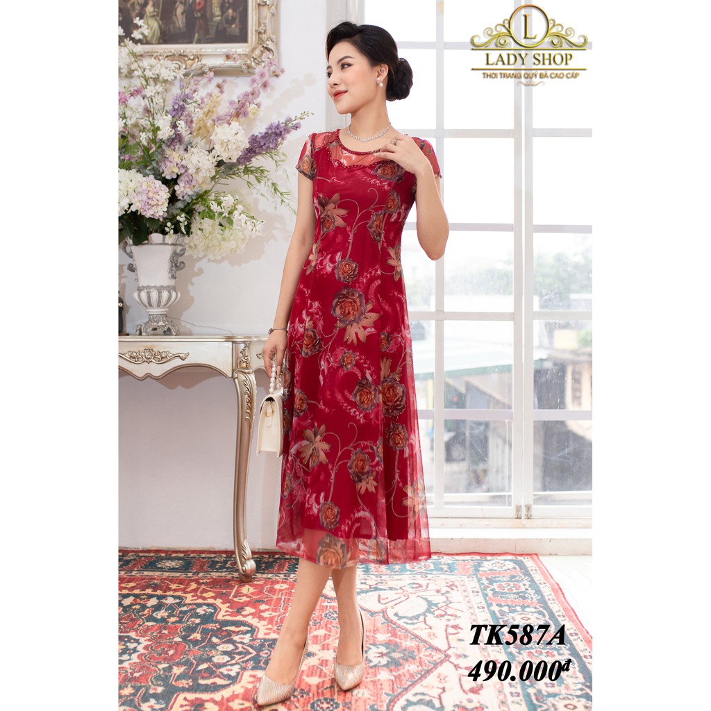 Váy Đầm thời trang trung niên cao cấp Ladyshop - đầm lưới hoa hồng cổ đá TK587