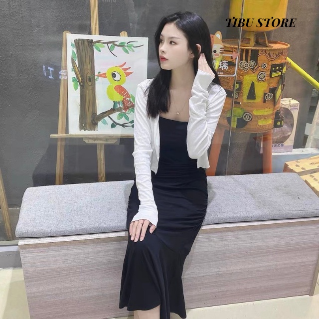 Đầm body hở lưng hai dây dáng dài TIBU, đầm đuôi cá kèm áo khoác cardigan len tăm nữ dự tiệc đi chơi