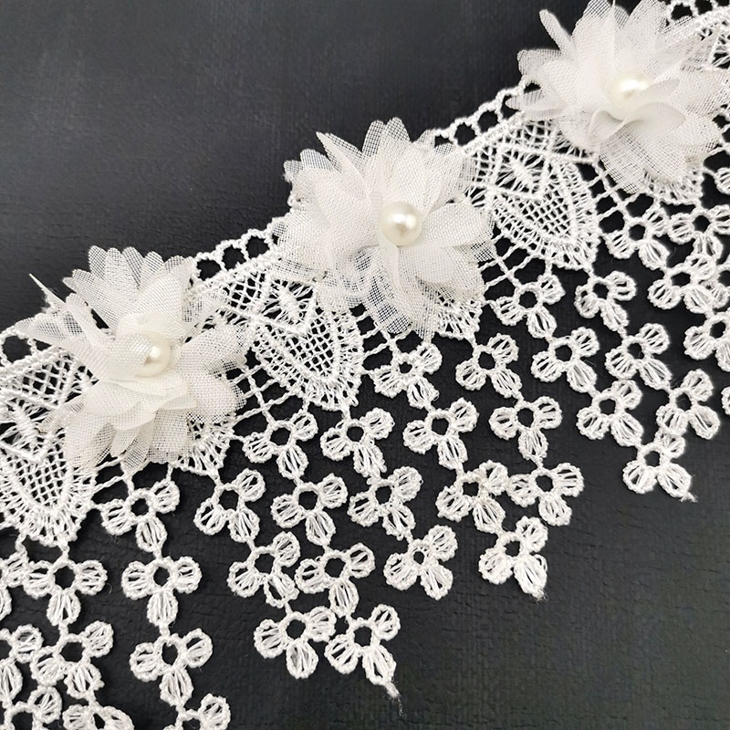 Cuộn Dây Ren Hoa Đính Ngọc Trai Giả Dài 1 Yard 8cm Dùng Để Trang Trí Quần Áo DIY