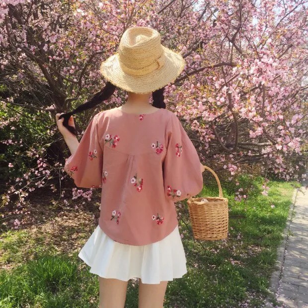 Áo Voan Tay Lỡ Form Xuông In Hình Hoa Phong Cách Nhật Bản TTS0857