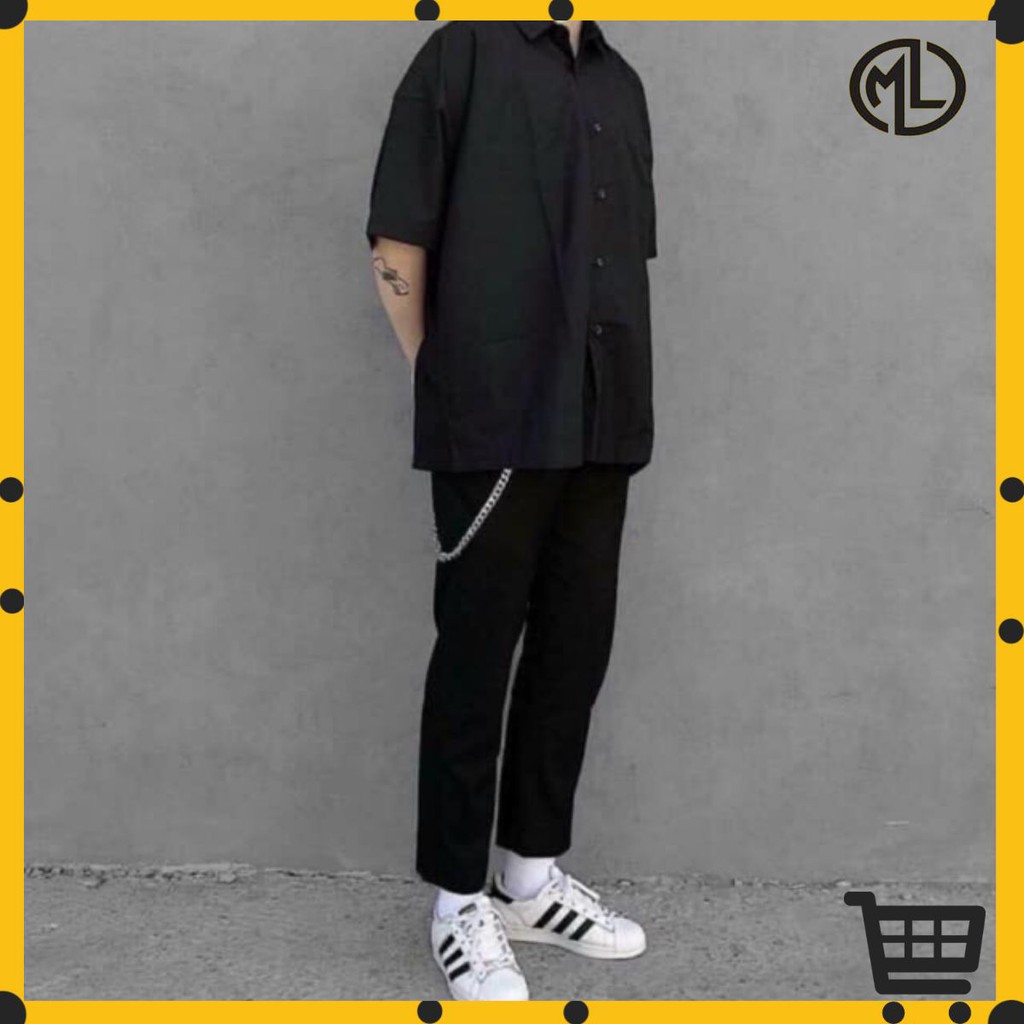 Áo somi nam tay ngắn màu đen chất vải lụa | BigBuy360 - bigbuy360.vn