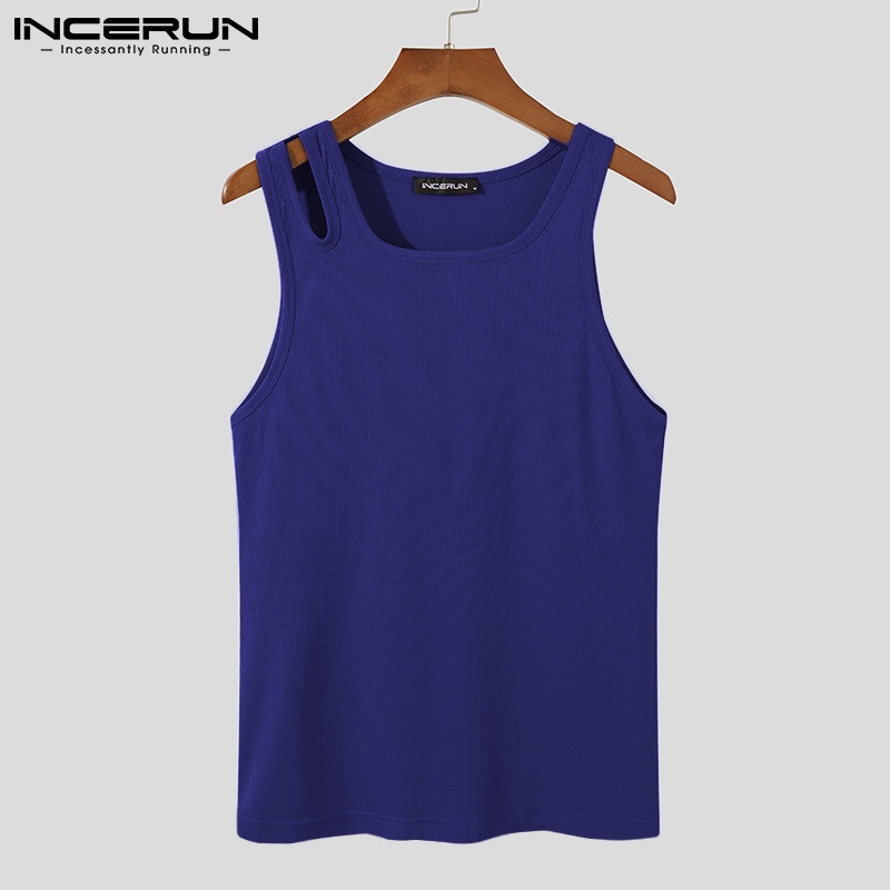 Áo tank top INCERUN không tay cổ tròn phối lỗ phong cách bất đối xứng thời trang dành cho nam