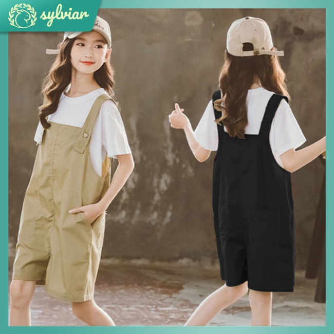 Set Đồ 2 Món Gồm Áo Cotton Tay Ngắn Màu Trơn + Quần Yếm Cho Bé Từ 7-12 Tuổi