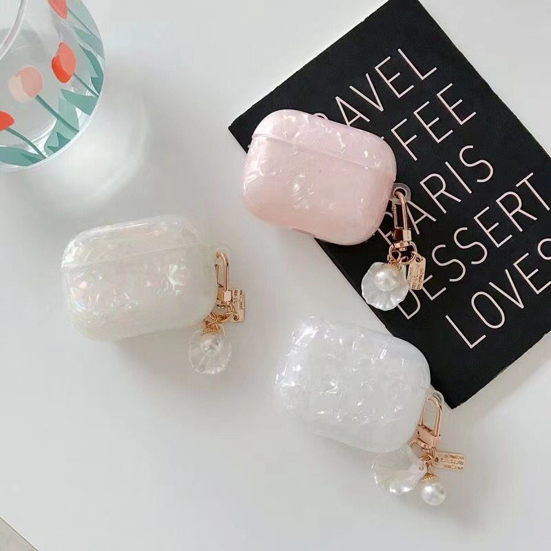 Vỏ bảo vệ hộp tai nghe ánh kim cương laser sang trọng dây phối hai hạt ngọc trai cho Airpods Pro Air Pods Airpods 3