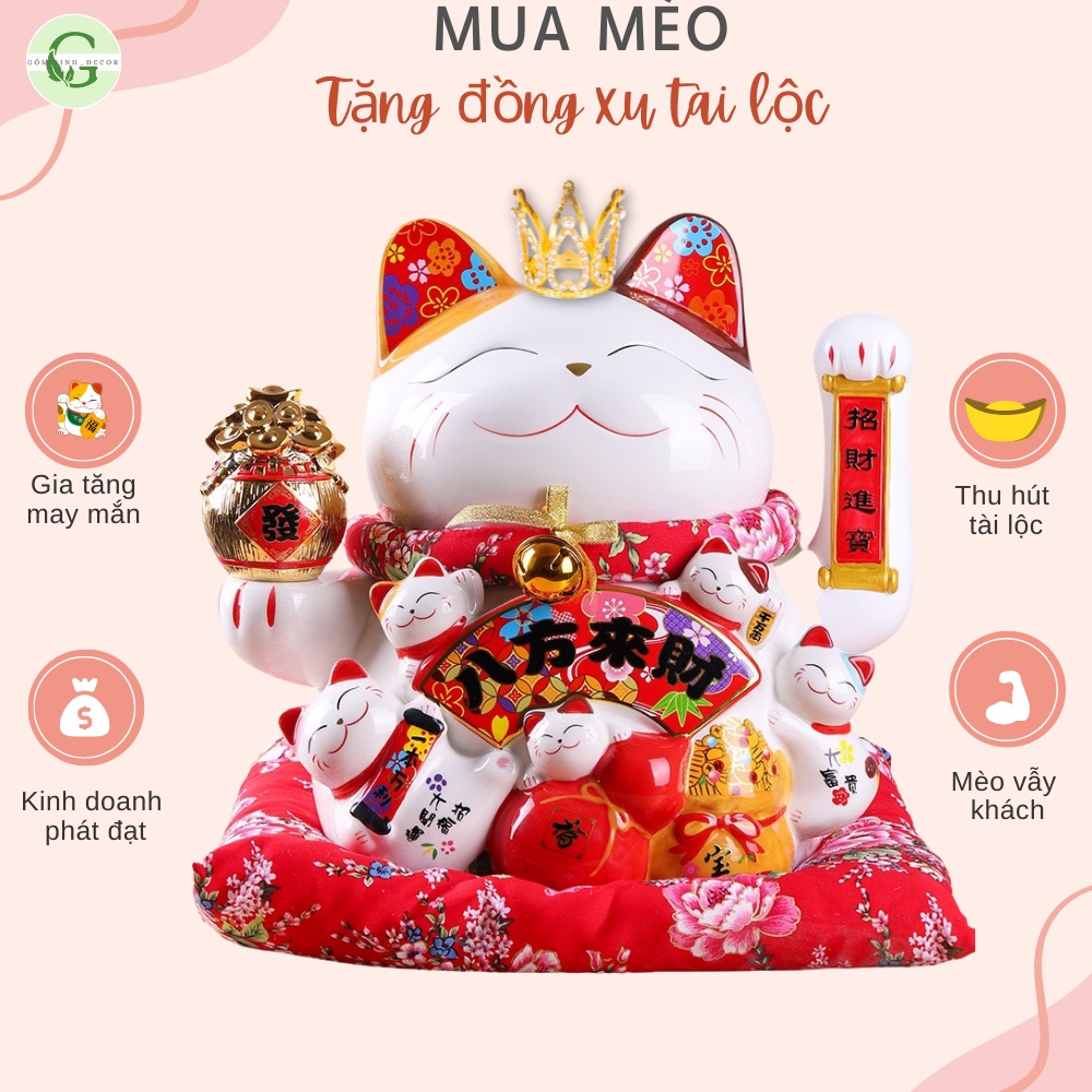 Mèo Thần Tài Mèo Vẫy Tay Mèo Đế Vương Chiêu Tài Lộc Phong Thủy Gốm Sứ Cao Cấp 25cm