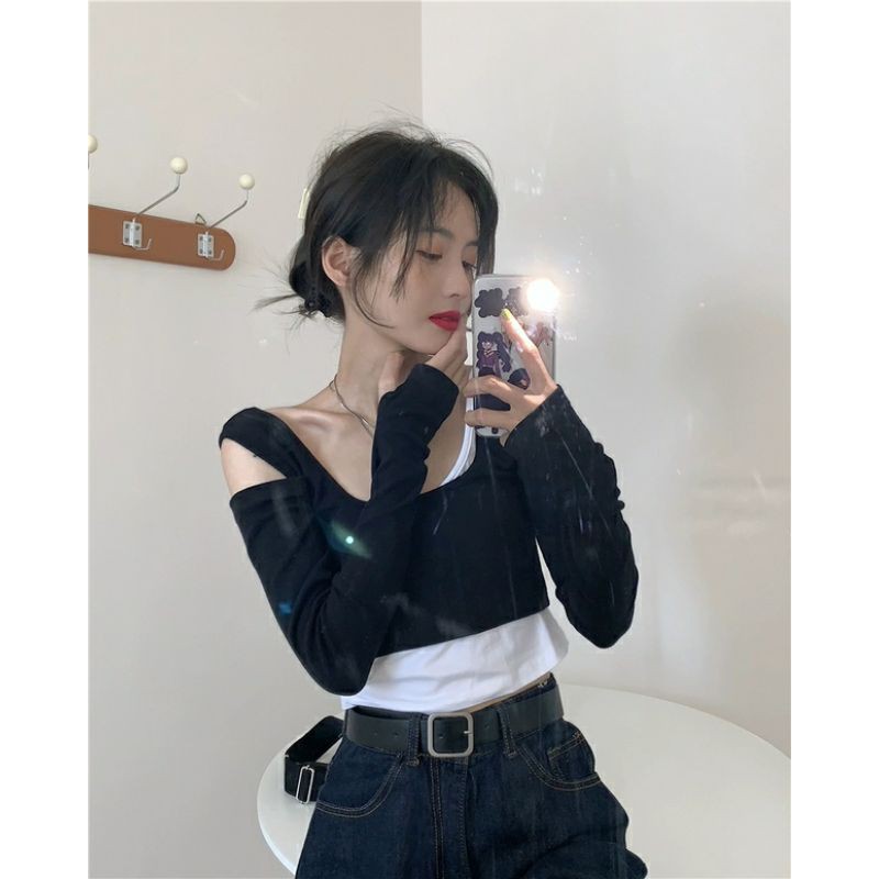 áo thun nữ hai dây hot girl thiết kế cảm giác xếp chồng lệch vai