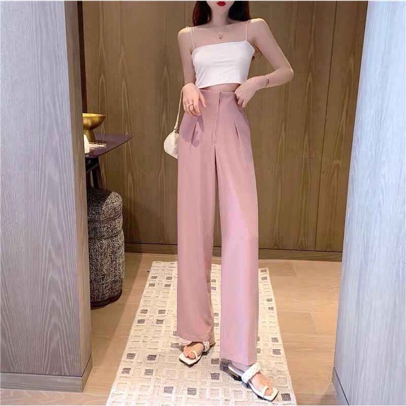 Quần ống rộng suông nữ cullotes cạp liền xuốt eo khóa trước vải tuyết mưa