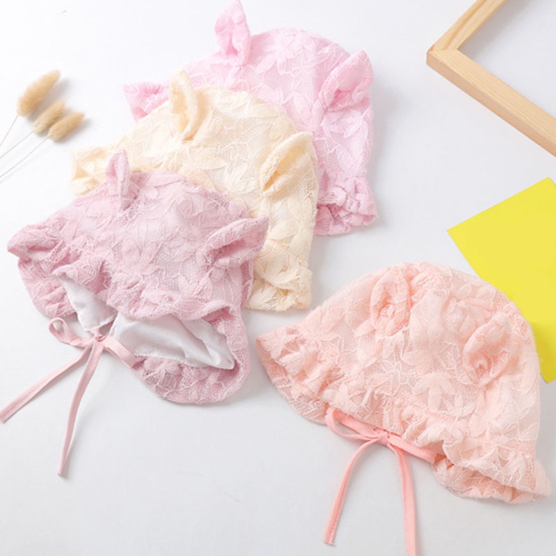 Mũ bé gái bằng vải cotton phối ren bèo mềm mại dễ thương