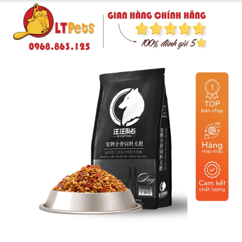 Hạt thức ăn cún cưng Captain (Túi 1.5Kg) trộn lẫn thịt bò, phô mai, cá hồi, rau củ