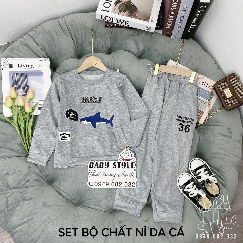 Bộ quần áo thu đông &quot;SHARK&quot; 14-48kg cho bé trai 4-14 tuổi. Bộ dài tay ấm áp cho bé.Vải nỉ da cá. Hàng may kỹ. B25