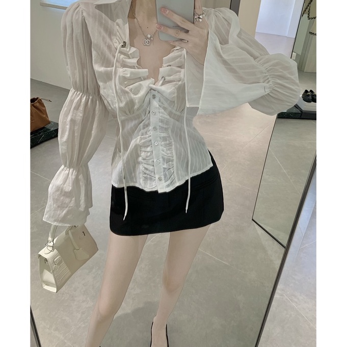 Cocory vn Áo Sơ Mi Tay Dài Cổ Polo Dáng Ôm Phối Dây Rút Thời Trang Quyến Rũ Cho Nữ