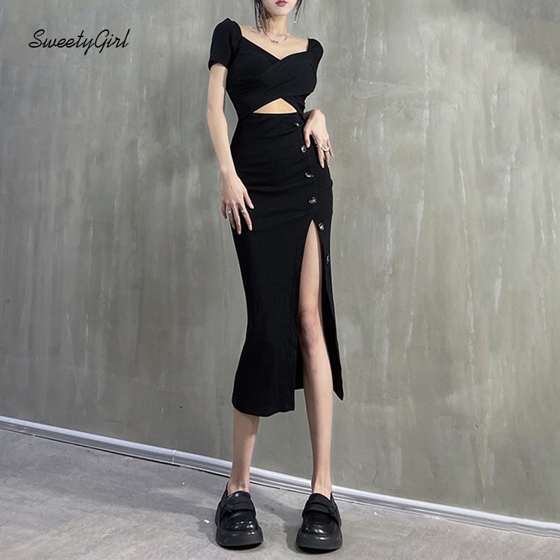 Đầm Midi Tay Ngắn Cổ Chữ V Màu Trơn Phối Nút Thời Trang Cho Nữ