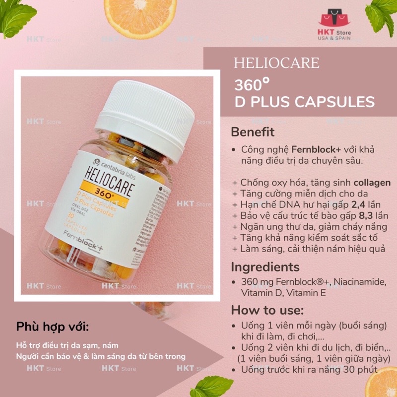 Viên uống chống nắng dòng Heliocare 360 công nghệ Fernblock®+ chống ánh sáng xanh 30 viên