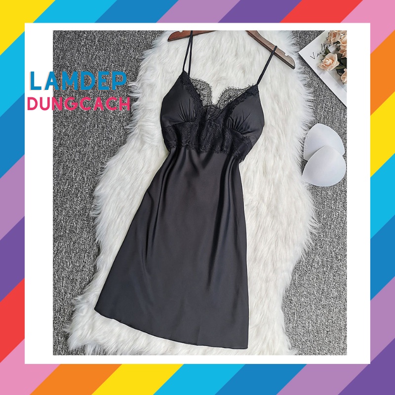 Váy Ngủ Lụa Satin Cao Cấp Sexy 2 Dây Đẹp Màu Đỏ, Hồng, Xanh, Trắng Đen Full Size -LAMDEPDUNGCACH - MNT130