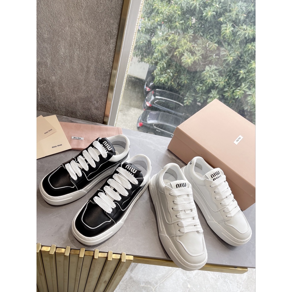 Giày sneakers nữ da thật thời trang cao cấp MIU MIU thiết kế mũi giày vuông mới lạ, màu sắc tối giản, trẻ trung