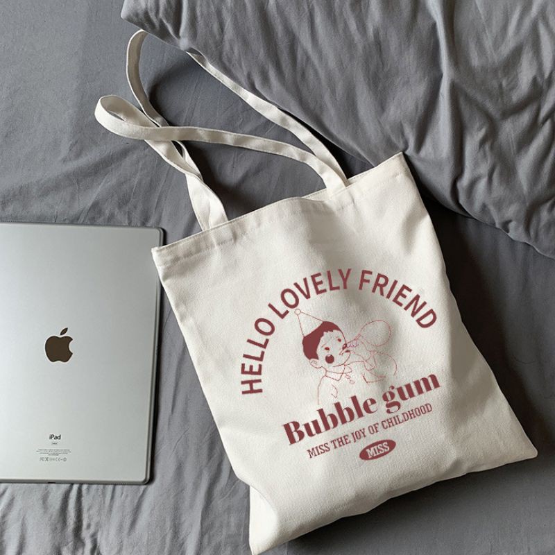 Túi tote vải canvas Hello love Vừa A4( có khóa miệng túi)