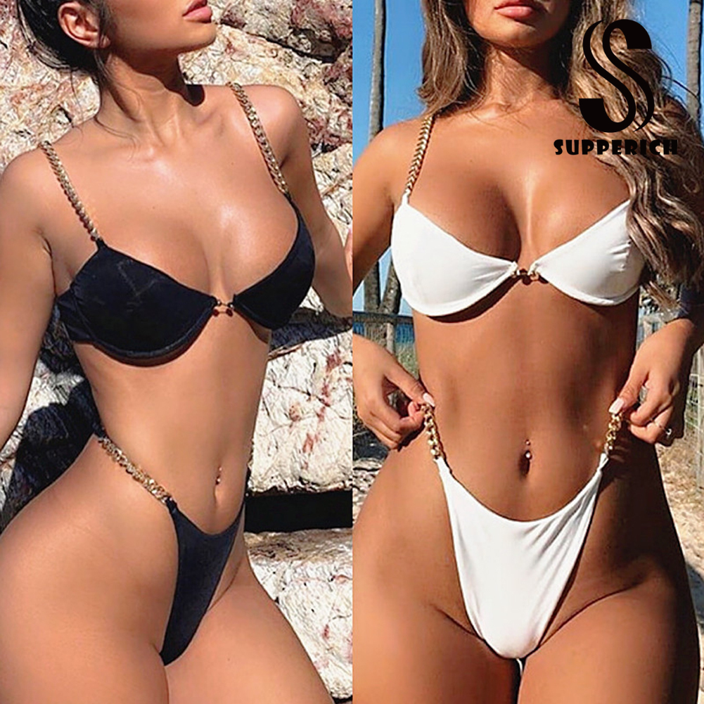 Bộ Đồ Bơi Bikini Hai Mảnh Màu Sắc Trơn Có Đệm Mút Ngực Phối Dây Xích Phía Trước Gợi Cảm Cho Nữ | BigBuy360 - bigbuy360.vn