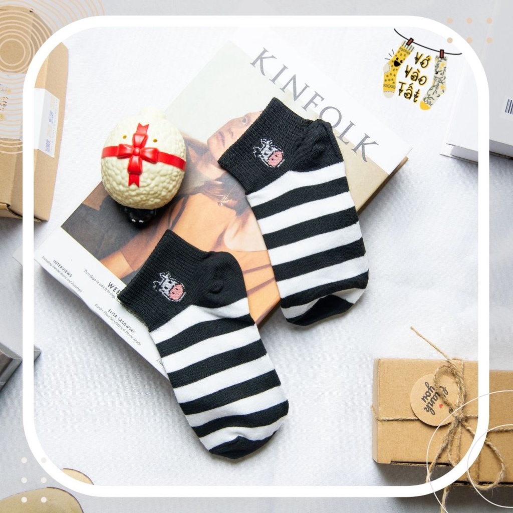 TẤT VỚ NỮ CỔ NGẮN TRẮNG ĐEN BÒ SỮA