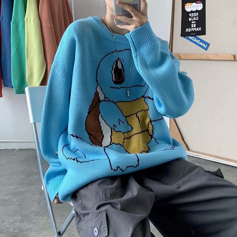 Áo sweater dệt kim tay dài cổ tròn dáng rộng in họa tiết hoạt hình phong cách Hàn Quốc thời trang unisex