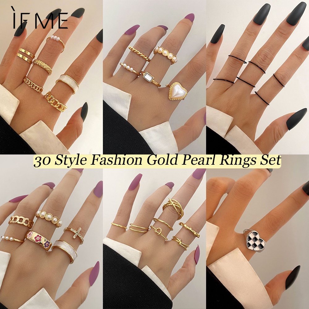 IF ME Bộ nhẫn đính ngọc trai giả/pha lê giả phong cách vintage thời trang cho nữ