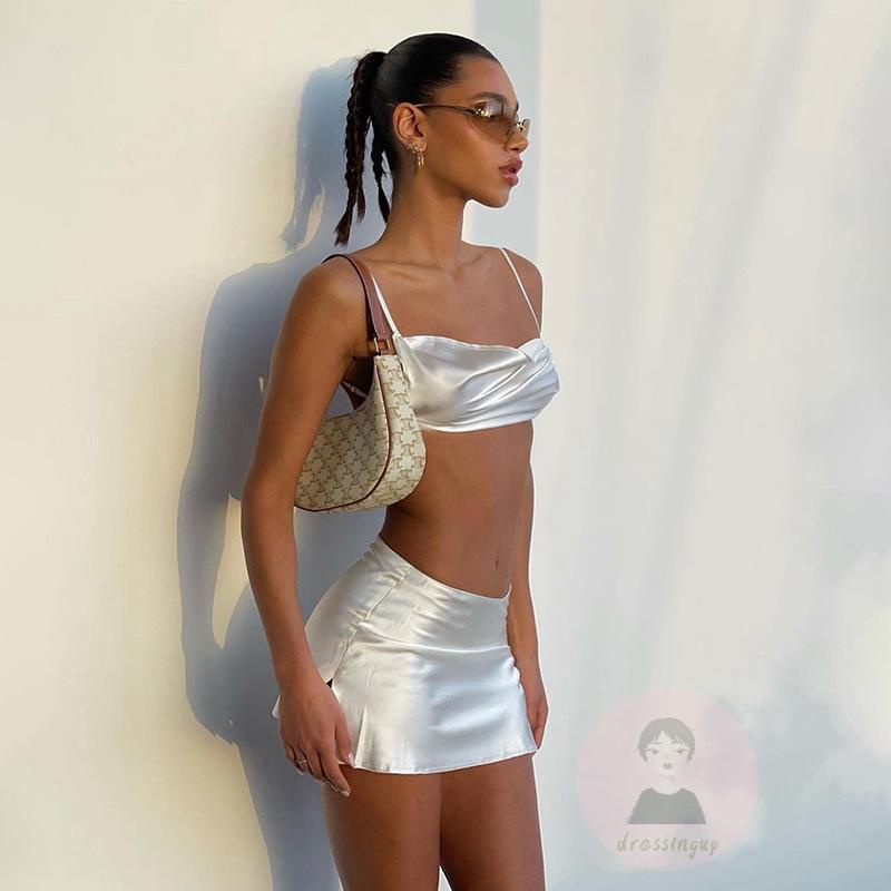 Bộ Áo Hai Dây Hở Lưng + Chân Váy Ngắn Ôm Dáng Màu Sắc Trơn Cho Nữ