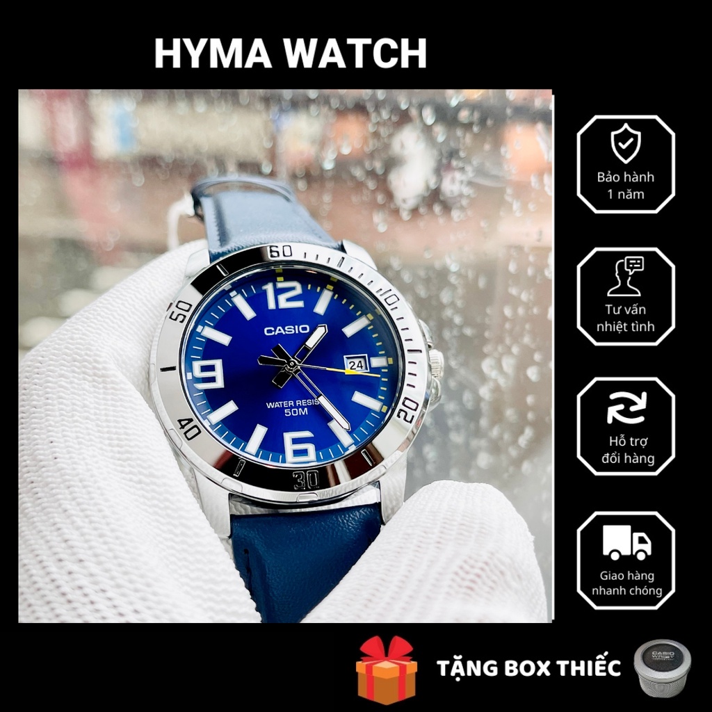 Đồng hồ nam tay to Casio MTP VD01L -2B Dây da mặt xanh size 45mm chống nước 5ATM Bảo hành 1 năm Hyma watch