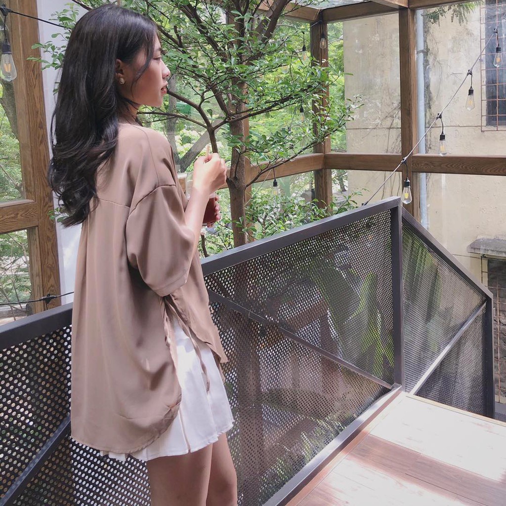 Áo sơ mi nữ phom rộng rút dây sườn hottrend phong cách vintage hàn quốc trẻ trung năng động chất đũi mát