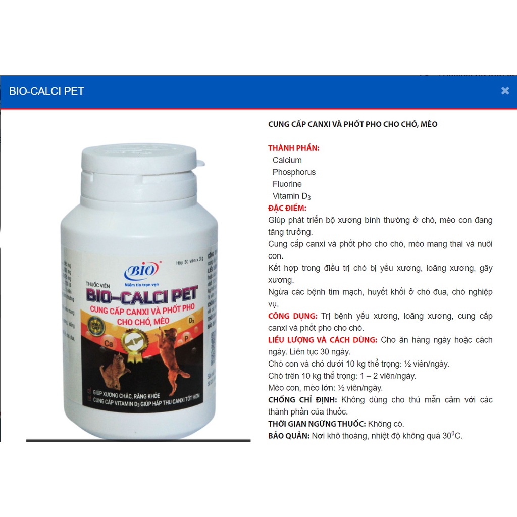 1 VIÊN Bio Calci Pet CUNG CẤP CANXI VÀ PHỐT PHO CHO THÚ CƯNG CHÓ MÈO Xuất xứ Việt Nam - Pet shop Uytinpro