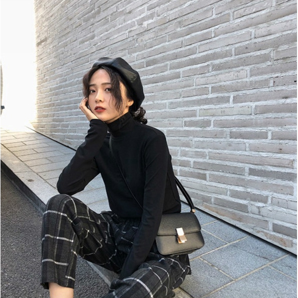 SUXI Áo thun dài tay cổ lọ thời trang Hàn Quốc