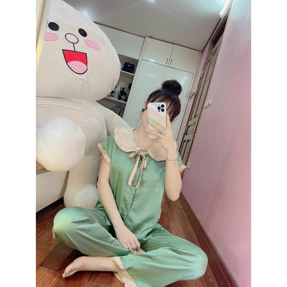 Bộ đồ Pijama lụa mặc nhà họa tiết cộc tay viền bèo