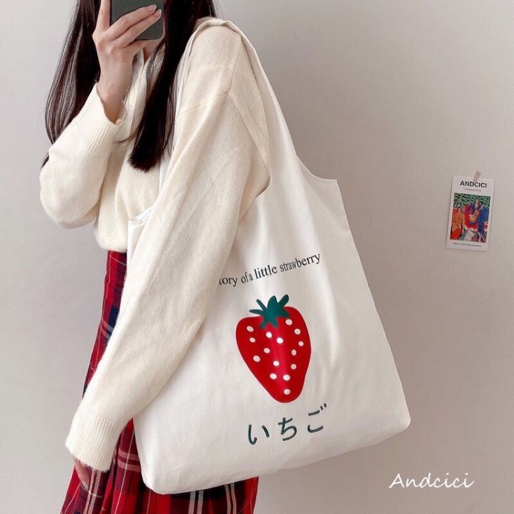 [ HÀNG SIÊU CẤP ] Túi tote vải bố đựng đồ canvas đeo chéo quả dâu phong cách Hàn Quốc siêu dễ t | BigBuy360 - bigbuy360.vn