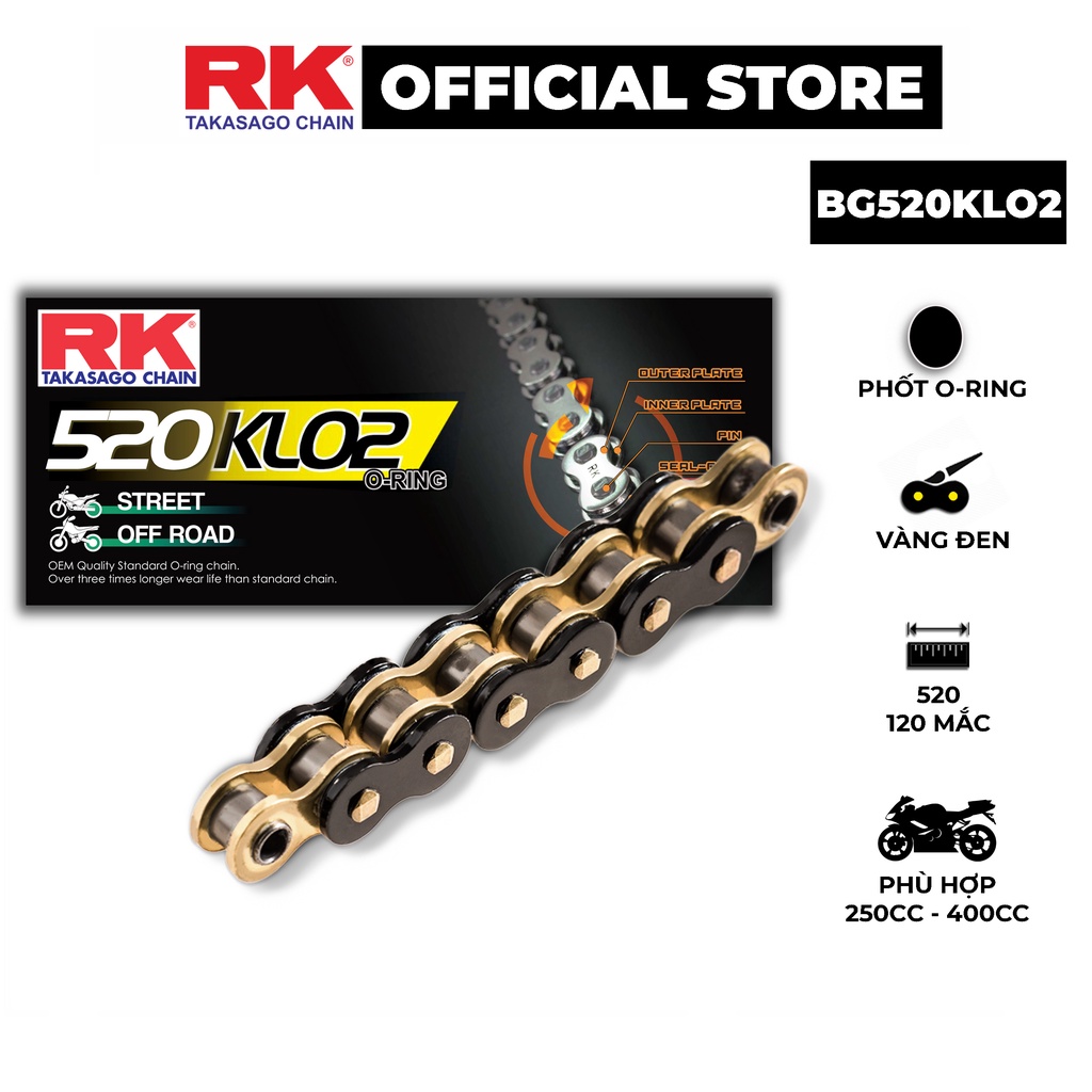 Sên xe phân khối lớn RK Takasago chain mã BG-520-KLO2, màu vàng đen, phốt cao su O-ring, kích thước 520, 120 mắc sên