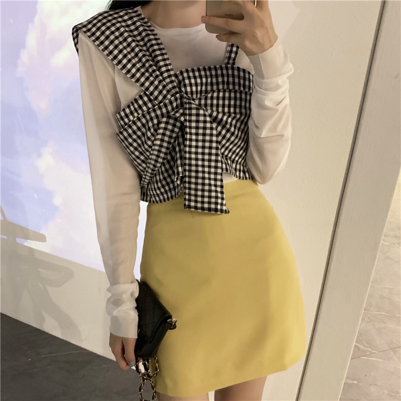 SUXI Korean Fashionable Mesh Long Sleeve Shirt + Plaid Shirt