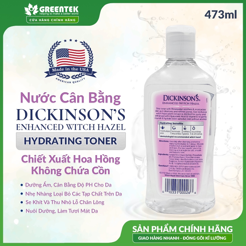 Toner Chiết Xuất Hoa Hồng Dickinson’s Enhanced Witch Hazel Hydrating Toner, Không Chứa Cồn, Dưỡng Ẩm Da
